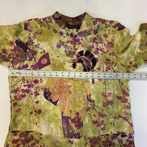 Citron Santa Monica Women's‎ 100% Silk Cherry Blossom Half Sleeve Button Up SZ S - Picture 9 of 11